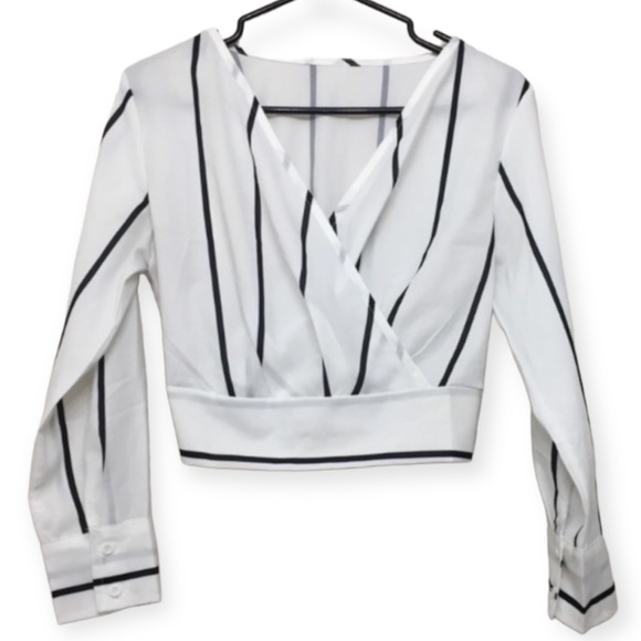Striped Faux Wrap Cropped Blouse - Picture 1 of 6